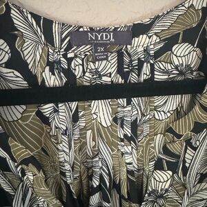 NYDJ Black and Olive Leaf Print Blouse